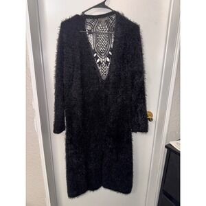 Lola B Black Fuzzy Crochet V Neck Sweater cardigan